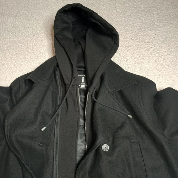 Black Wool Peacoat Hooded Coat XXL Double Breasted